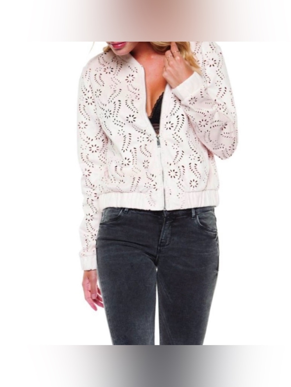 Beige Eyelet Zip-Up faux suede Bomber Jacket